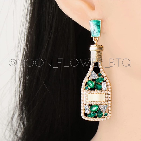 Champagne Bottle Earrings with Emerald Green Crystals – Statement Dangle Jewelry - Picture 2 of 4
